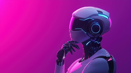 A futuristic robot featuring glowing lights, set against a vibrant, modern technology pink banner in dark navy with LED accent