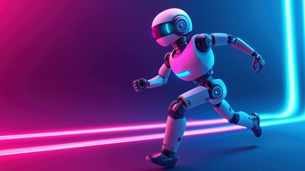 A futuristic robot featuring glowing lights, set against a vibrant, modern technology banner in dark navy with LED accent