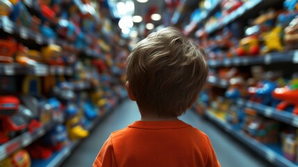 Kind erkundet bunte Regale im Spielwarenladen: Inspiration für Spielabenteuer im Frühling durch die Rückansicht
