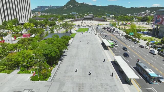 Drone View of Seoul city in South Korea, Jongno, Gwanghwamun Square, Summer 60fps