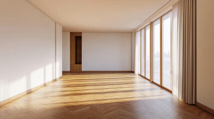Empty living room with wooden table and bright windows