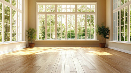 Empty living room with wooden table and bright window