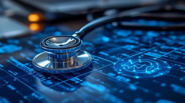 stethoscope rests on digital interface displaying heartbeat graph, symbolizing integration of healthcare and technology. blue tones convey sense of innovation and precision