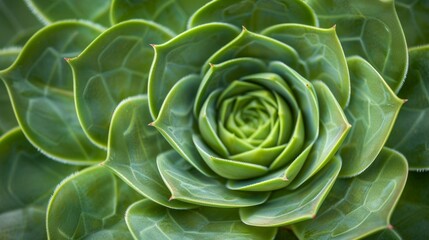 The spiral pattern of a succulents rosette is highlighted in a detailed shot showing the perfect symmetry and unique shape of each individual leaf.