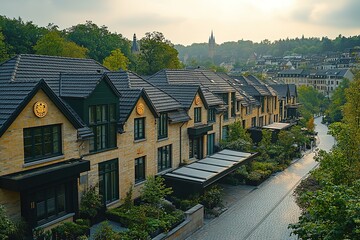 A row of houses with black tiled roofs in a quiet neighborhood.