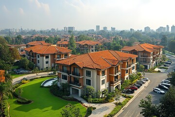 Obraz premium Luxury apartment complex with red tile roofs.
