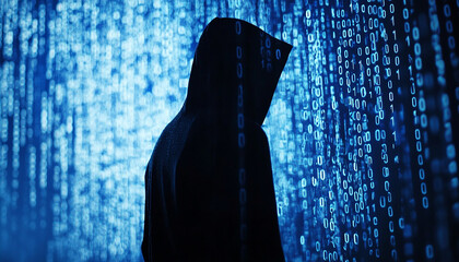 Digital network hacker computer technology, data privacy, binary codes generated.AI