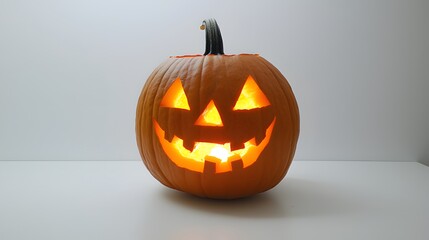 carved pumpkin with a classic jack-o’-lantern face, lit from within on a white surface
