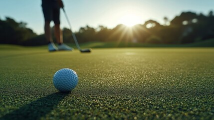 A golfer prepares to putt as the sun sets over the green at a beautiful golf course