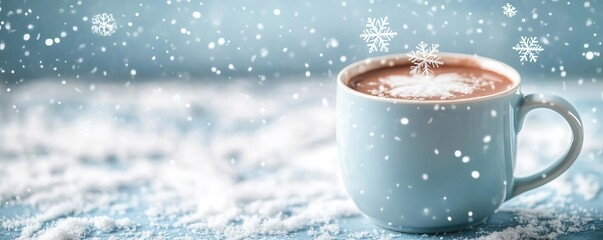 Fototapeta premium Delicate snowflakes falling onto a porcelain mug of hot chocolate, cozy winter moment