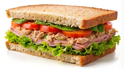 Delicious sandwich is prepared with whole wheat bread, tuna, ham, lettuce and tomatoes