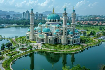 Obraz premium An aerial view of a beautiful mosque with blue domes and minarets.