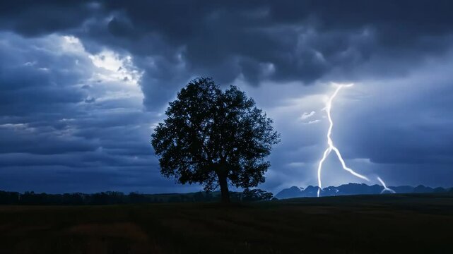 Flash of lightning striking near a lonely tree, Video