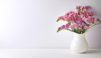 Naklejka premium A delicate display of pink limonium sinuatum, statice, flowers in a simple white vase on side position provides copy space for text. background concept isolated white