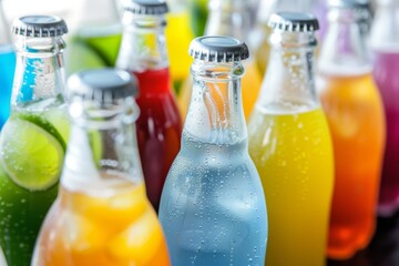 Assorted colorful beverage bottles stand closely together. Concept of diverse drink options. For a vibrant drink menu design.
