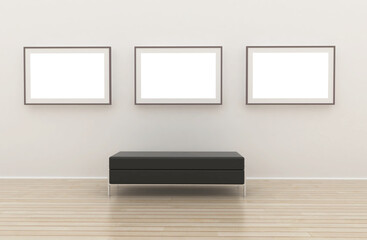 White wall room interior. Empty frame gallery 3D illustration.