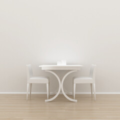 White wall interior background, table and chairs. Cafe, restaurant or home kitchen nook3D illustration. May be used for your graphic design, art or illustration.