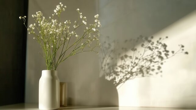 Fr&uuml;hlingshafte Ruhe: Schleierkraut in wei&szlig;er Vase mit nat&uuml;rlichem Schattenspiel f&uuml;r minimalistisches Design