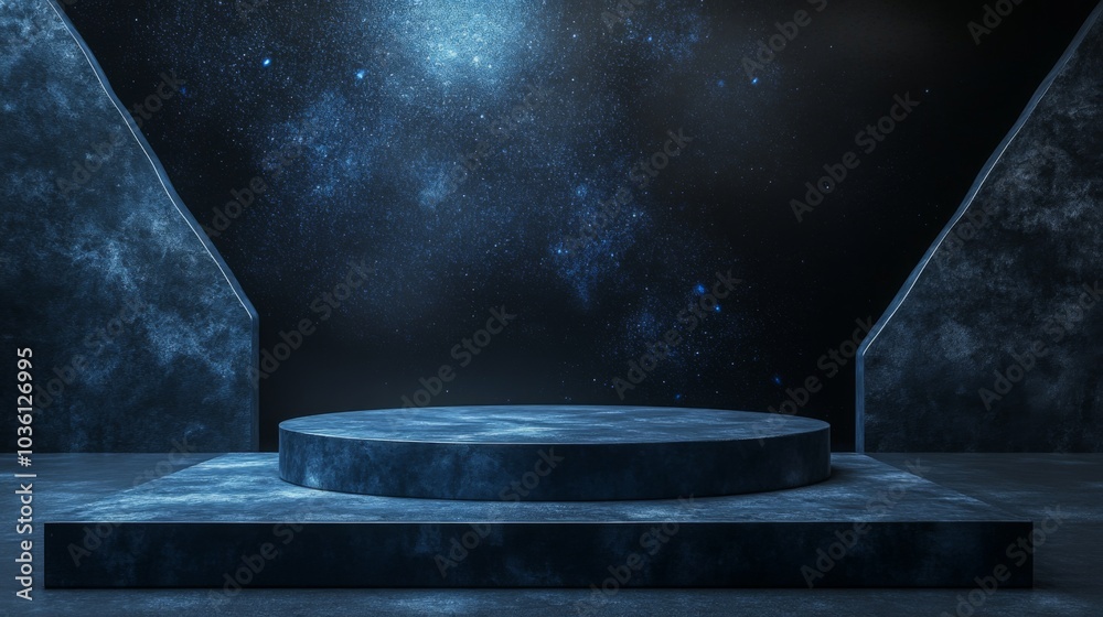 Poster a circular, dark blue platform is set against a backdrop of a starry night sky, creating a cosmic at