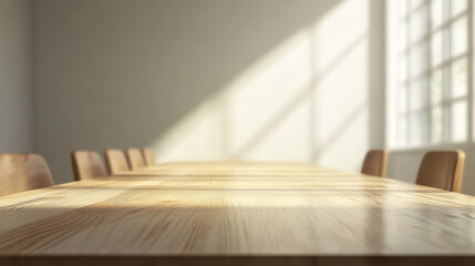 sunlit wooden table in classroom with chairs, creating warm and inviting atmosphere. light streaming through window casts soft shadows on table surface