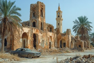 A ruined building with a clock tower in the background.