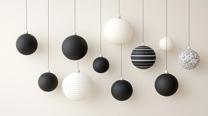 Decorative black and white Christmas ornaments hang gracefully from above, enhancing a minimalist aesthetic on a pristine white background