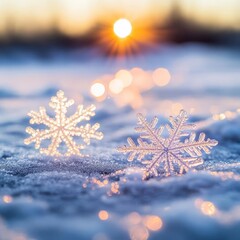 Snowflakes catching light as they fall onto frozen ground, sparkling winter magic