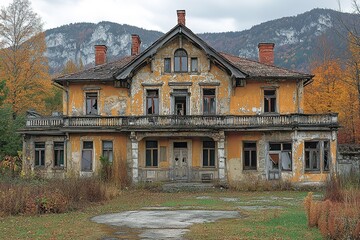 Obraz premium A dilapidated, yellow house sits abandoned in front of a mountain range.