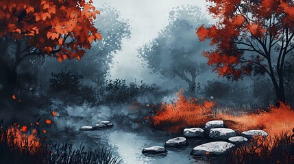 Fototapeta premium Autumn creek flowing gently through a park, with orange and yellow leaves covering the ground and vibrant trees reflecting in the water.