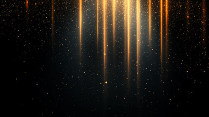 Golden rays of light shine on a black background with a glittery effect.