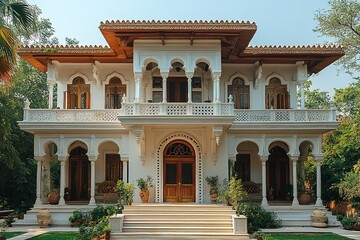 Obraz premium A white, ornate building with a brown door and a large balcony.