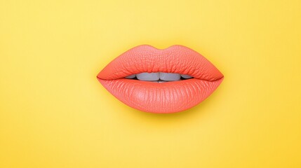 Artistic close-up of lips with bright coral lipstick, vivid yellow background, bold and vibrant beauty concept, minimalistic style, colorful makeup photography, glowing lips

