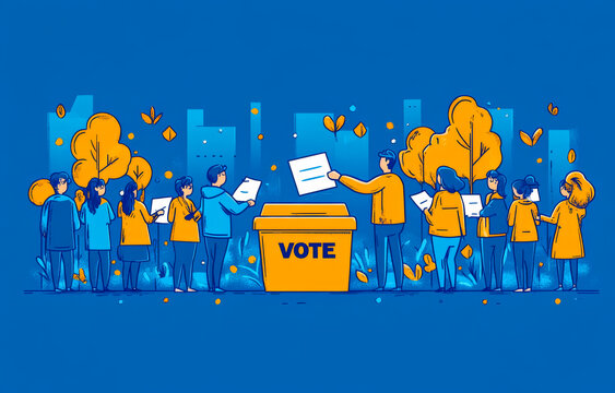 Community members gather to vote in an urban park. People of various ages participate in a lively voting event in an urban park surrounded by colorful trees during autumn.
