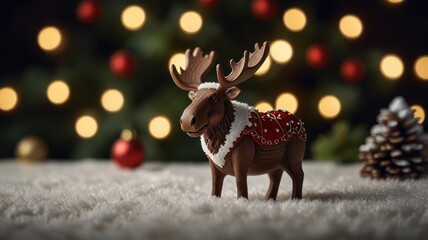 A brown moose figurine with a red and white Christmas ornament on a white fluffy surface with a blurry background of a Christmas tree with lights and ornaments.