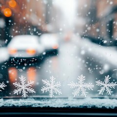 Snowflakes forming delicate patterns on a car window, winter urban still life