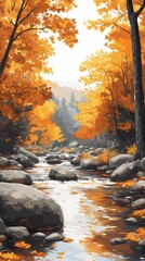 A quiet autumn stream meandering through a park, surrounded by golden leaves and bare trees, perfect for seasonal landscape and nature visuals.