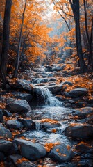 A quiet autumn stream meandering through a park, surrounded by golden leaves and bare trees, perfect for seasonal landscape and nature visuals.