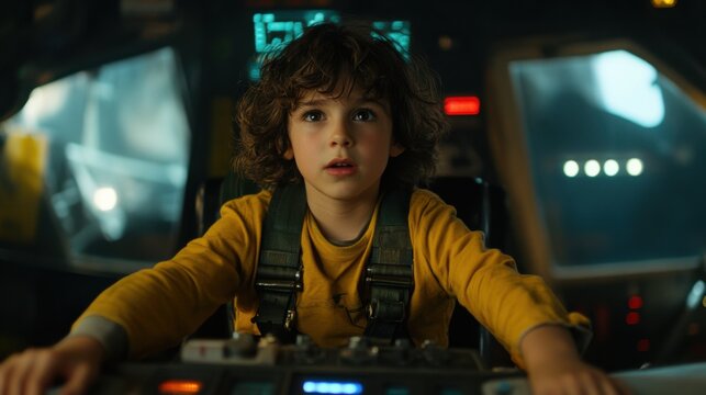 Fantasievolles Spielen: Kind als Pilot im futuristischen Cockpit f&uuml;r kreative Gestaltungsideen