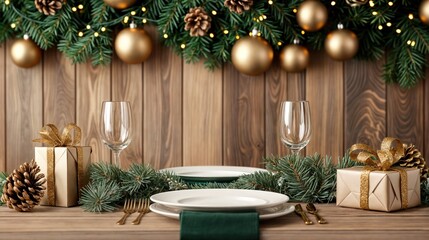Sophisticated Christmas table setting with gold ornaments, pine cones, and wrapped gifts, festive dinner decor