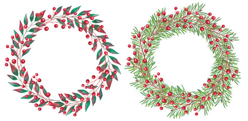 Set of Christmas watercolor hand-drawn wreath illustrations. Christmas wreaths made of watercolor branches of different winter plants. Decor for Christmas and New Year holiday decorations.