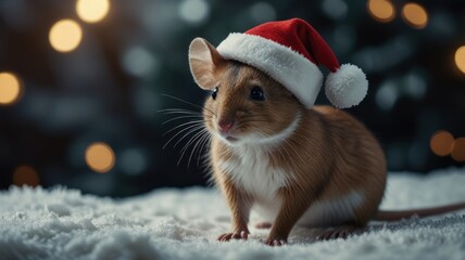 A cute brown mouse wearing a Santa hat sits on a white fluffy surface with a bokeh background.
