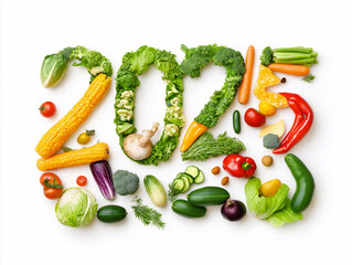 numbers 2025 from different vegetables and fruits on a white background