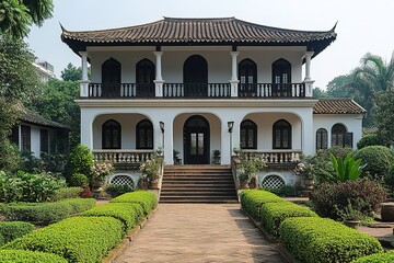 Obraz premium A white traditional Chinese building with a black tiled roof and a garden.