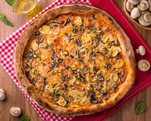 Delicious Mushroom Pizza On Rustic Italian Checkered Cloth Table