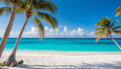 Fototapeta premium a crystal clear turquoise waters, soft white sand, and gently swaying palm trees