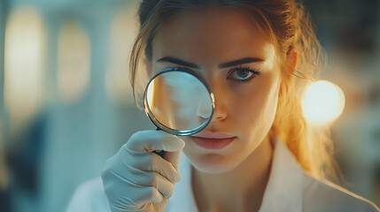 A woman is holding a magnifying glass and looking at her face