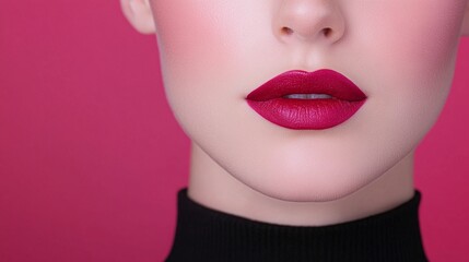 Obraz premium Close-up of bold red matte lips, soft pink blush, radiant glowing skin, artistic beauty concept, minimal makeup, deep pink background, elegant and modern fashion style
