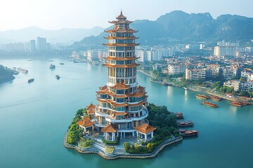 Obraz premium A majestic pagoda sits on a small island in the middle of a large body of water.