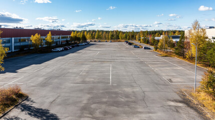 Obraz premium An empty parking lot in Finland, seen from above. Only a few cars are scattered around.