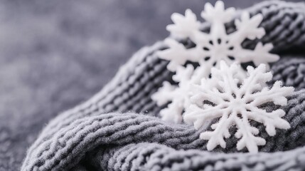Soft snowflakes resting on a woolen scarf, cozy winter textures